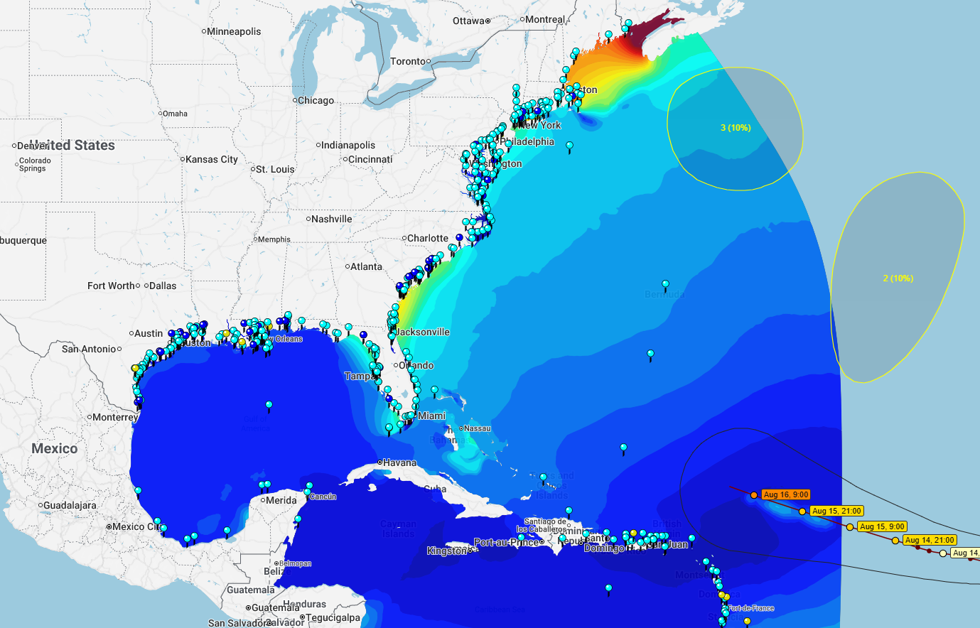 Screengrab of CERA tool showing map of the U.S. and color-coded surge heights