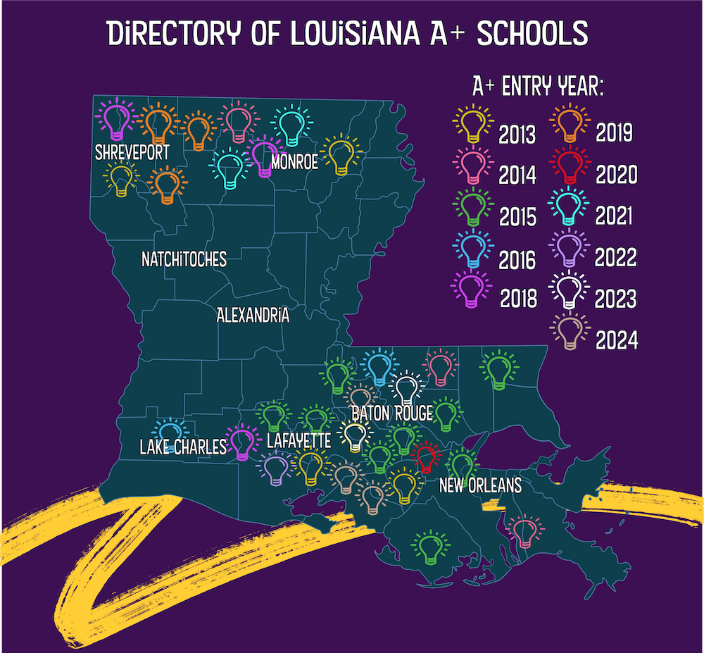 map of louisiana listing years from 2013 to 2024 with a lightbulb icon representing each of the 30 schools