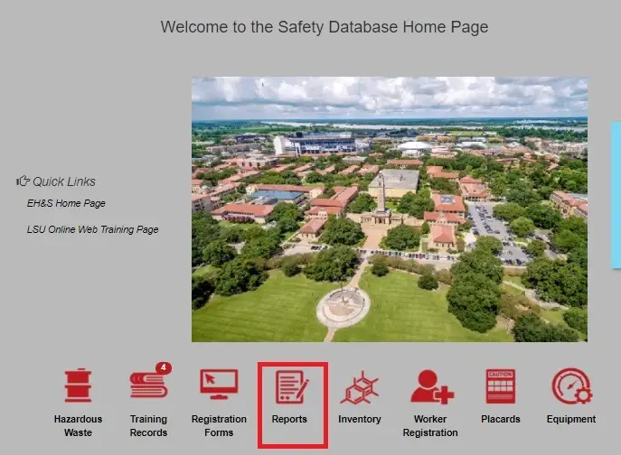 Safety Database Homepage, with the "Reports" icon highlighted.