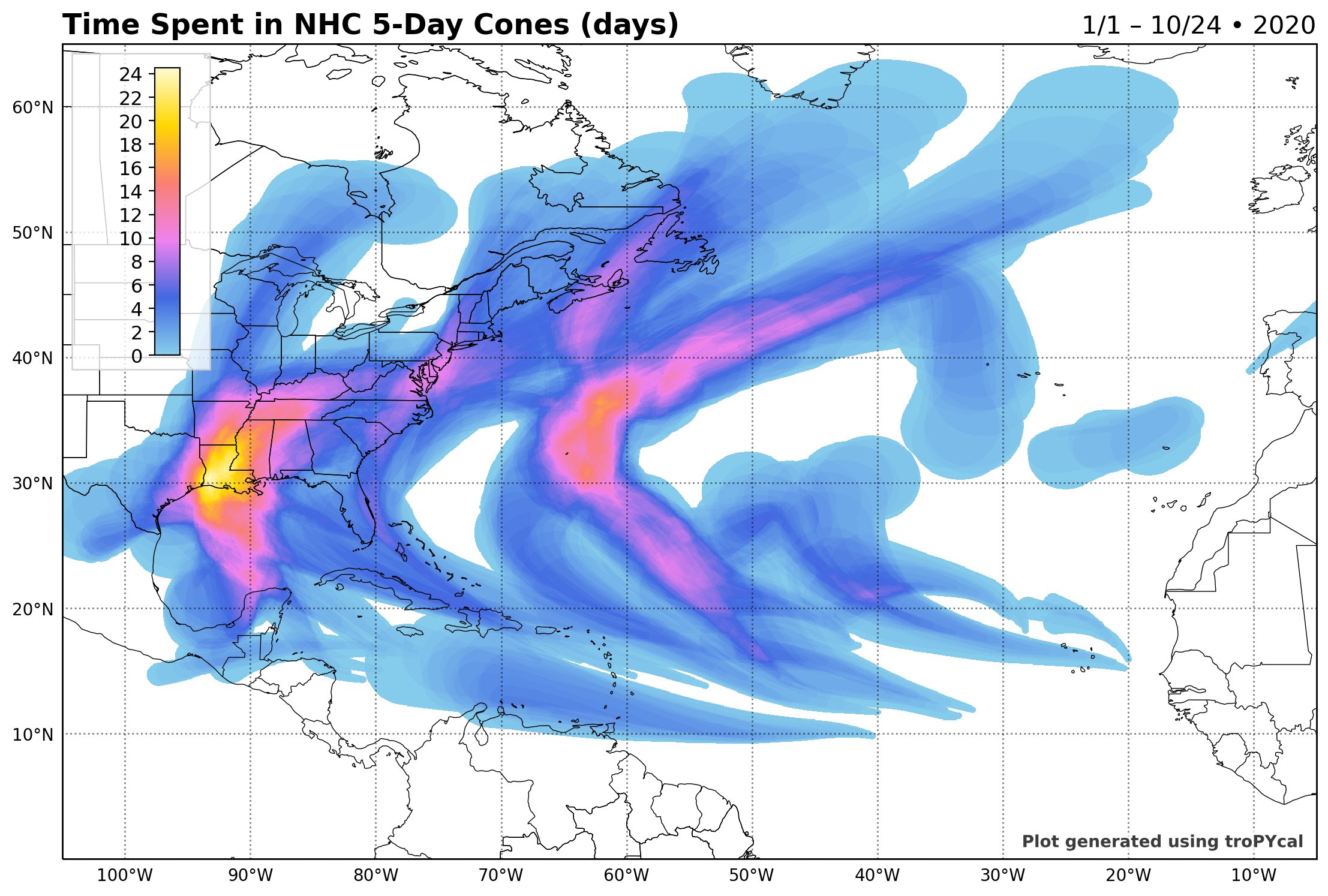 Sam Lillo's graphic shows the amount of time spent "in the cone" in 2020 with Louisiana lit up as the center of a flame