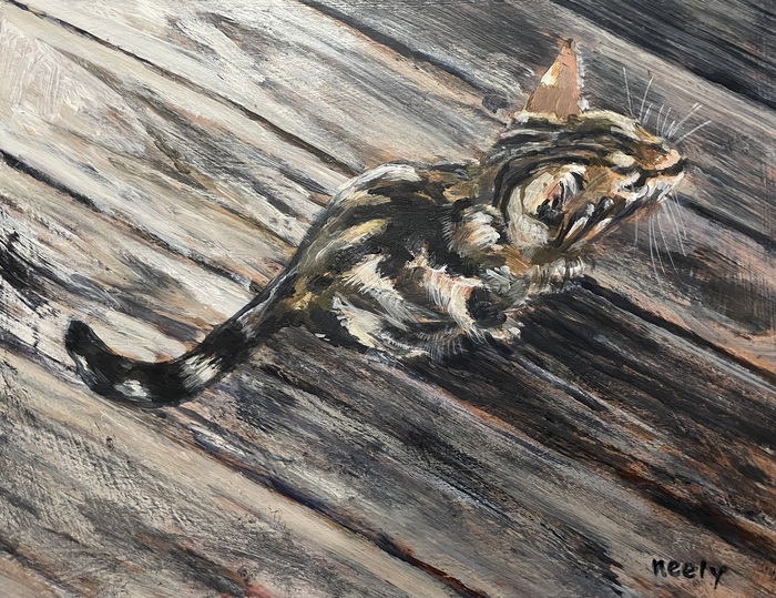 Boardwalk Kitty acrylic painting of a kitten on a boardwalk