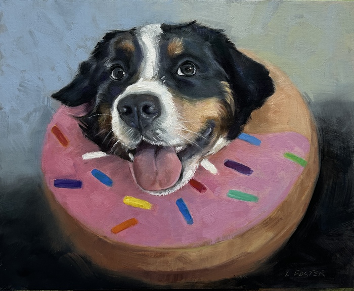 Get Well black dog with a donut pillow around his neck